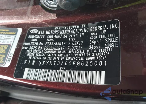 2015 Kia Sorento Lx из США, поврежденный, VIN 5XYKT3A65FG625081